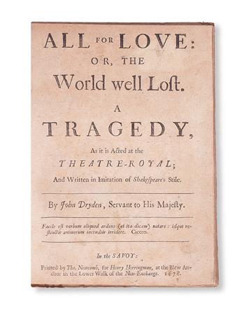 DRYDEN, JOHN.  All for Love; or, The World Well Lost. A Tragedy.  1678
